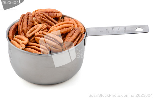 Image of Whole pecan nuts in a metal cup measure