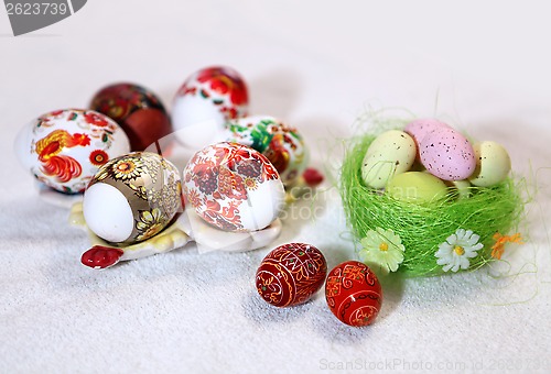 Image of Easter Eggs on linen fabric