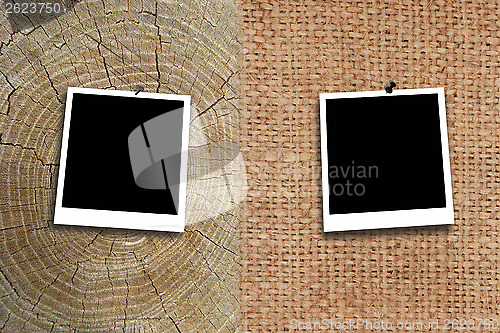 Image of photo stuck on the texture of sacking and wooden