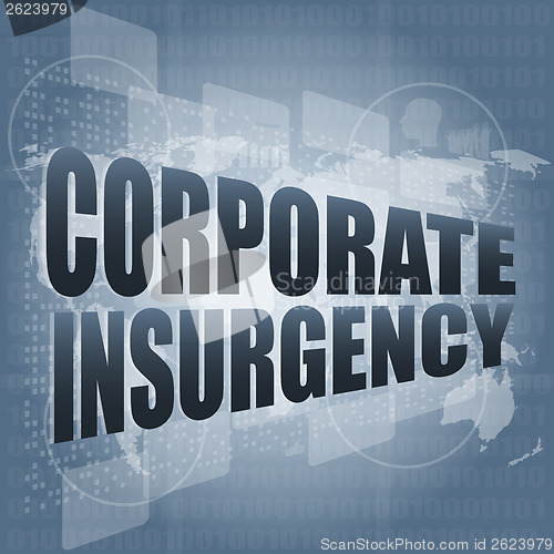 Image of corporate insurgency words on digital screen with world map