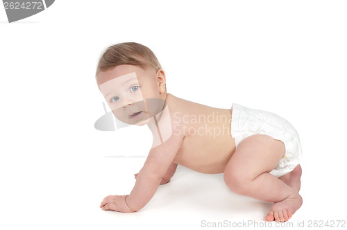 Image of Side view of cute small crawling baby