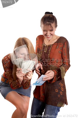 Image of Girls with envelope and money