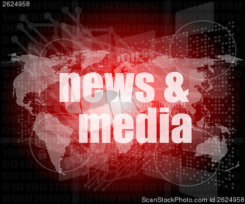 Image of News and press concept: words News and media on digital screen