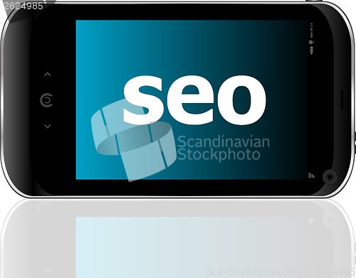 Image of Web development concept: smartphone with word SEO on display