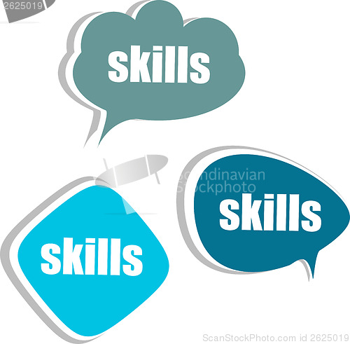 Image of skills word on modern banner design template. set of stickers, labels, tags, clouds