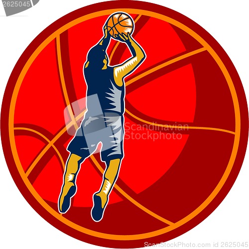 Image of Basketball Player Jump Shot Ball Woodcut retro