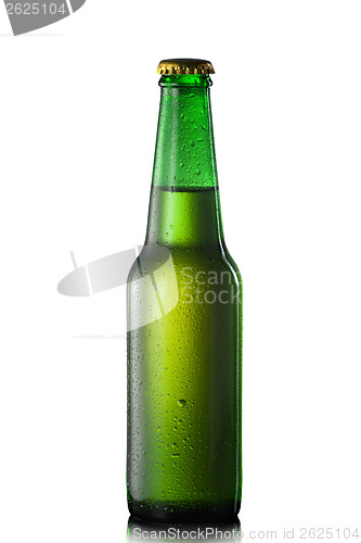 Image of Beer bottle with water drops isolated on white