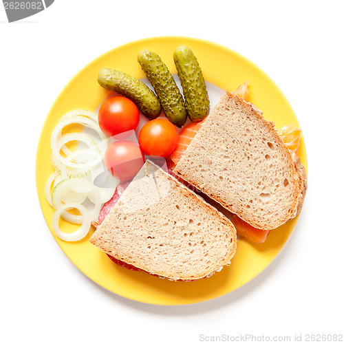 Image of bread with salami and salmon
