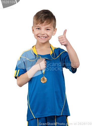 Image of Boy in ukrainian national soccer uniform