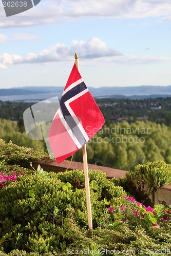 Image of The norwegian flag with a view