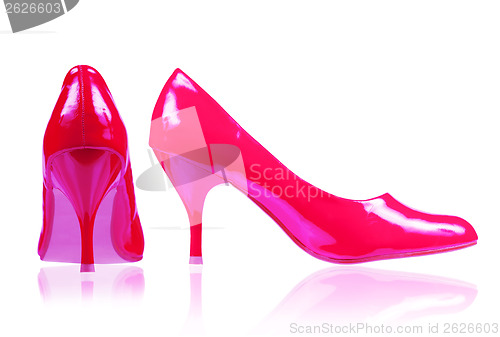 Image of crimson shoes on a thin heel. View side and rear 