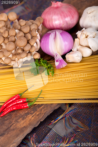 Image of Italian pasta and mushroom sauce ingredients