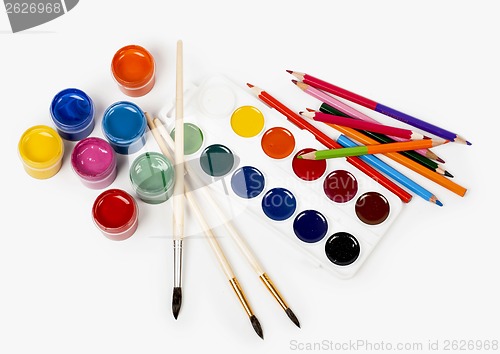 Image of pencils colour and gouache of paint