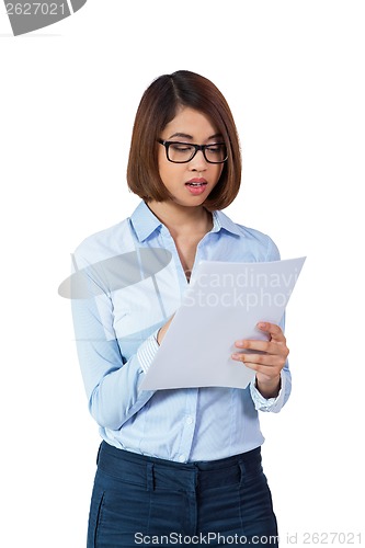 Image of smiling young business woman with folder portrait