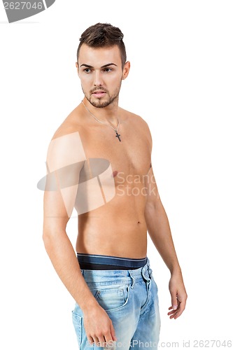 Image of young attractive man in jeans and naked body isolated