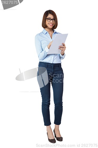 Image of smiling young business woman with folder portrait