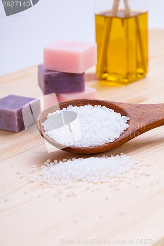 Image of welnness spa objects soap and bath salt closeup