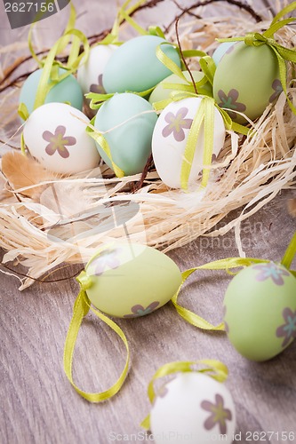 Image of Colourful green Easter eggs in straw