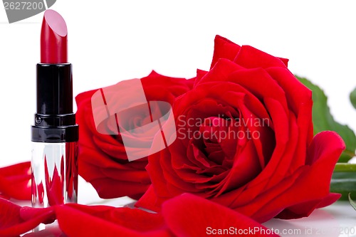 Image of Sexy red or scarlet lipstick with roses