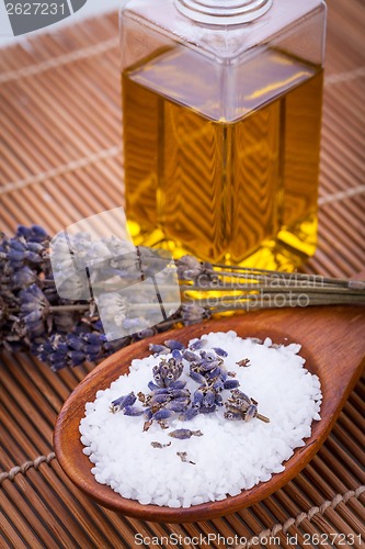 Image of lavender massage oil and bath salt aroma therapy wellness