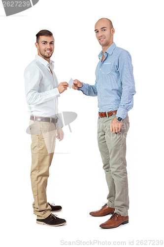 Image of two business man and business card  isolated 