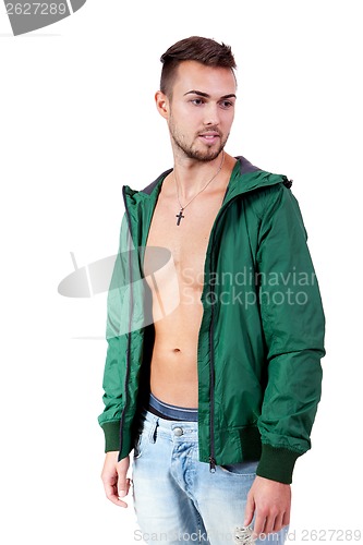 Image of young adult man with green jacket portrait isolated