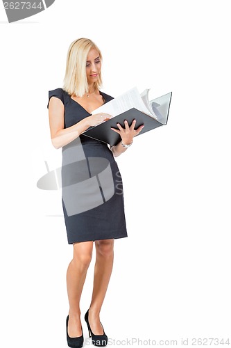 Image of smiling young business woman with folder portrait