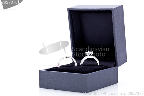 Image of Jewelry box with two elegant silver rings