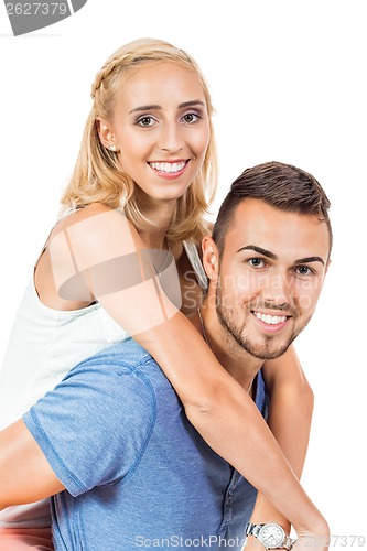 Image of young smiling couple in love portrait isolated