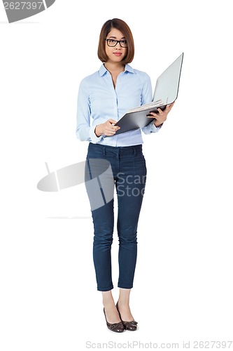 Image of smiling young business woman with folder portrait