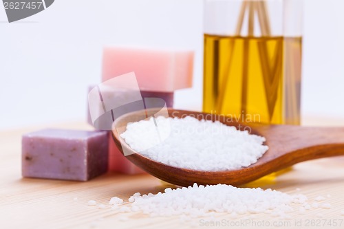 Image of welnness spa objects soap and bath salt closeup