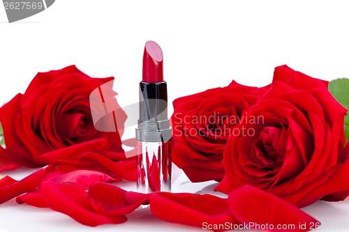 Image of Sexy red or scarlet lipstick with roses