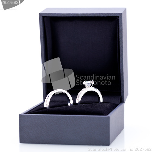 Image of Jewelry box with two elegant silver rings