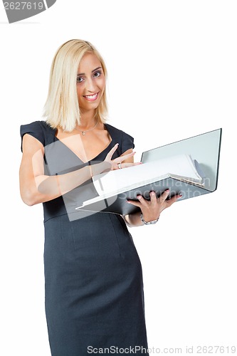 Image of smiling young business woman with folder portrait