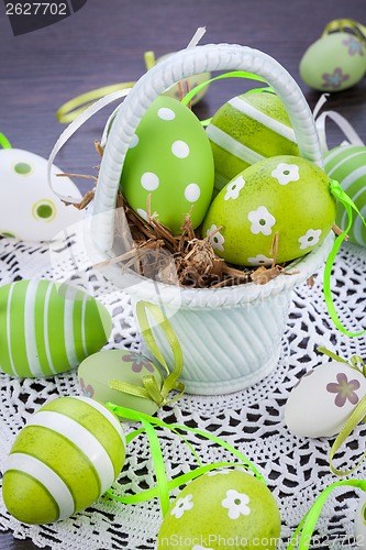 Image of Colourful green Easter eggs in straw