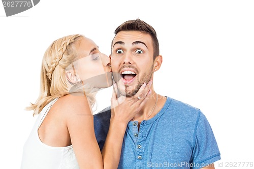 Image of young smiling couple in love portrait isolated