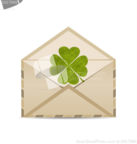 Image of Old envelope with clover isolated on white background for St. Pa