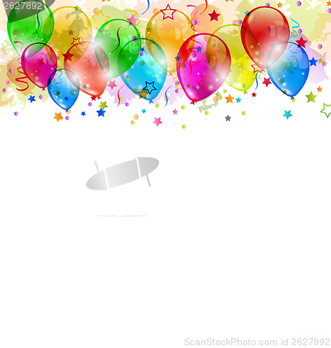 Image of Set party balloons, confetti with space for text