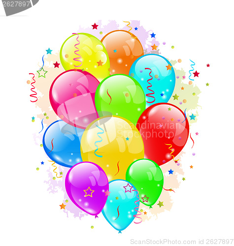 Image of Set party balloons and confetti on white background