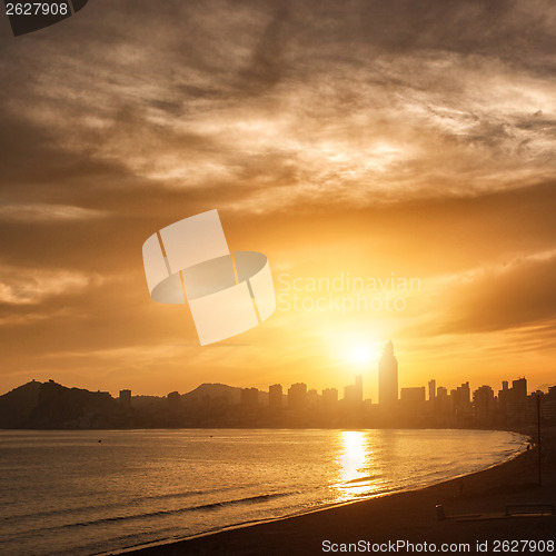 Image of View of Benidorm on sunset, Costa Blanca, Spain