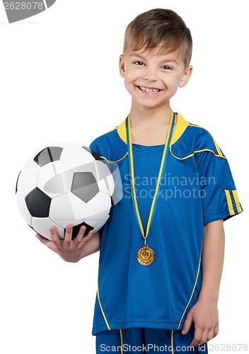 Image of Boy in ukrainian national soccer uniform