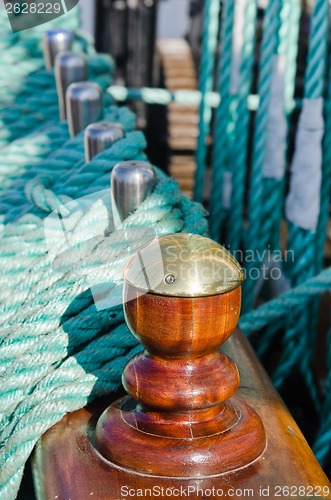 Image of Blocks and rigging at the old sailboat, close-up