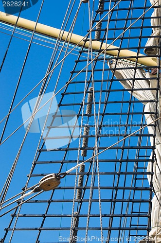 Image of Mast with sails of an old sailing vessel