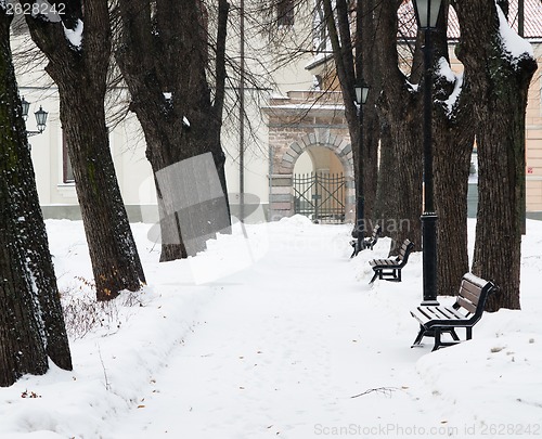 Image of The park brought by a snow in the center of Riga
