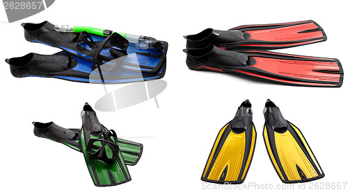 Image of Set of multicolored swim fins, mask and snorkel for diving