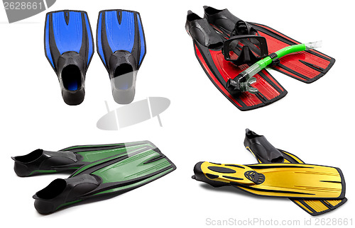 Image of Set of multicolored swim fins, mask, snorkel for diving with wat