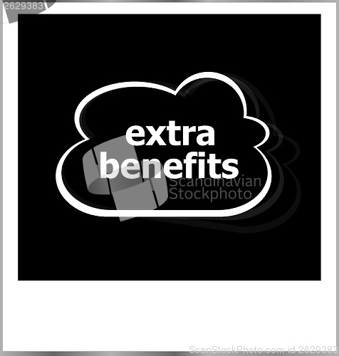 Image of extra benefits word business concept, photo frame isolated on white