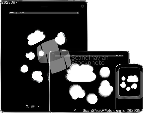 Image of mobile smart phone and digital tablet pc with cloud on the screen