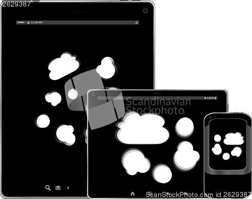 Image of mobile smart phone and digital tablet pc with cloud on the screen