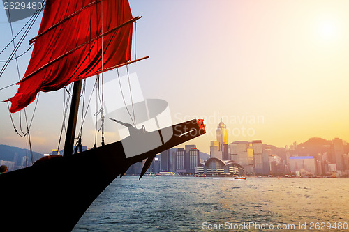 Image of Traditional wooden sailboat / tourist junk sailing in Victoria H